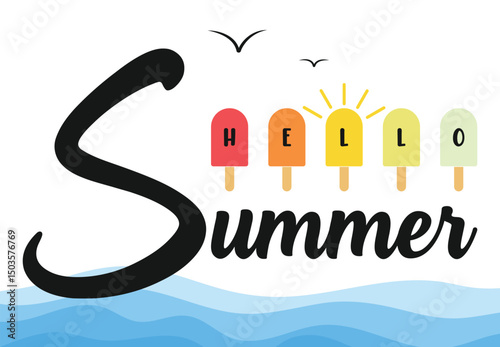 Hello summer label decorated with ice cream Slippers Isolated on white background.