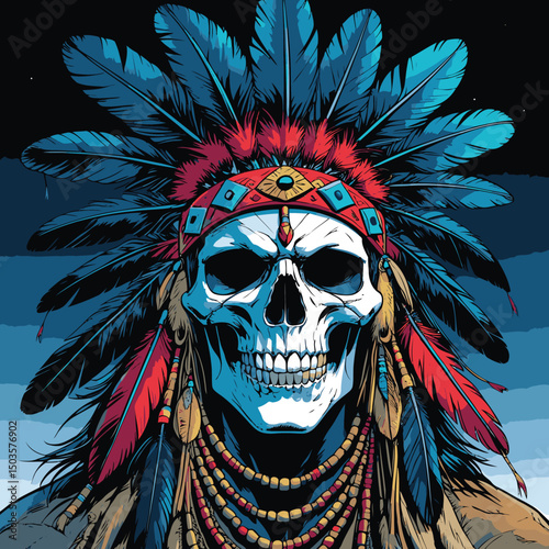 indian warrior skull vector art comic style