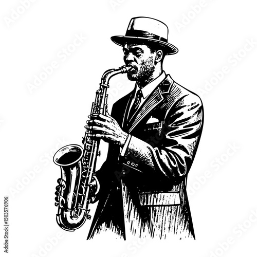 African man in suit playing saxophone sketch engraving black and white outline. Scratch board imitation.  illustrated in vintage line art style on a white background.