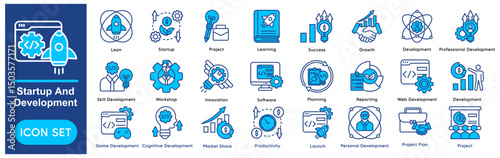 Startup And Development Vector Icons Collection related to Business, Growth, Project, Innovation, Learning, Success