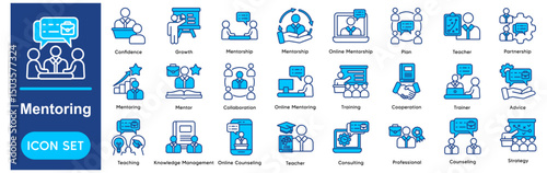 Mentoring Icons Collection related to Mentor, Mentorship, Guidance, Coaching, Support, Advice, Training, Learning, Teaching, Collaboration.