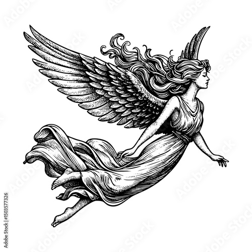 flying angel engraving black and white outline. Scratch board imitation.