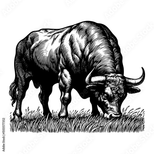 Bull grazing sketch engraving black and white outline. Scratch board imitation.  illustrated in vintage line art style on a white background.