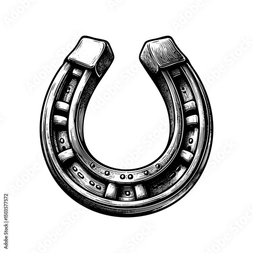 Horseshoe sketch engraving black and white outline. Scratch board imitation.  illustrated in vintage line art style on a white background.