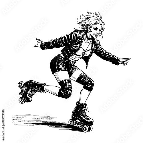 Woman playing roller skate sketch engraving black and white outline. Scratch board imitation.