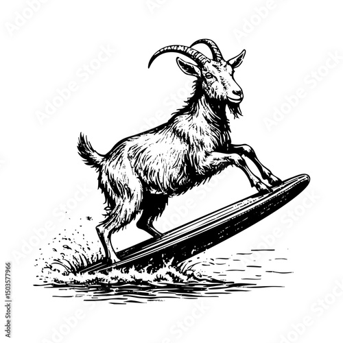 Goat surfing engraving black and white outline. Scratch board imitation.  illustrated in vintage line art style on a white background.