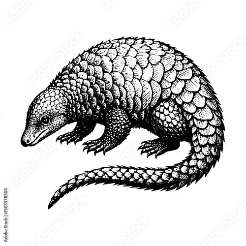 pangolin sketch engraving black and white outline. Scratch board imitation.  illustrated in vintage line art style on a white background.