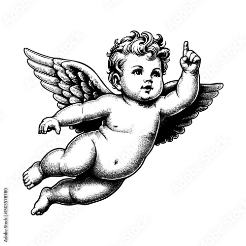 flying baby angel engraving black and white outline. Scratch board imitation.