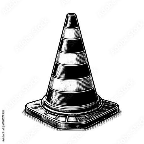 Traffic cone sketch engraving black and white outline. Scratch board imitation.