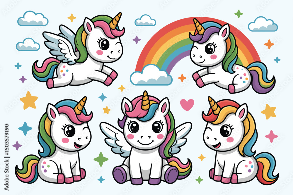 Naklejka premium Magical Unicorn Set – Cute Rainbow Fantasy Illustration