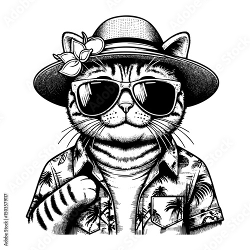 Cat wear hawaiian shirt and sunglasses sketch engraving black and white outline. Scratch board imitation.  illustrated in vintage line art style on a white background.