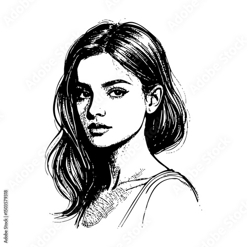Woman hairstyle sketch engraving black and white outline. Scratch board imitation.
