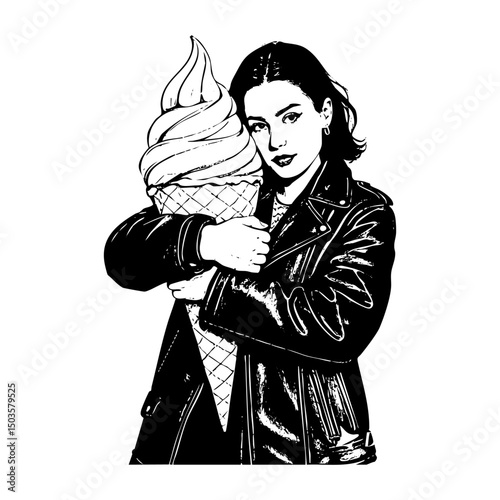 Woman wear leather jacket giant hug ice cream sketch engraving black and white outline. Scratch board imitation.  illustrated in vintage line art style on a white background.