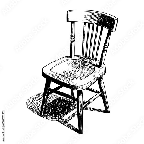 Wooden chair sketch engraving black and white outline. Scratch board imitation.
