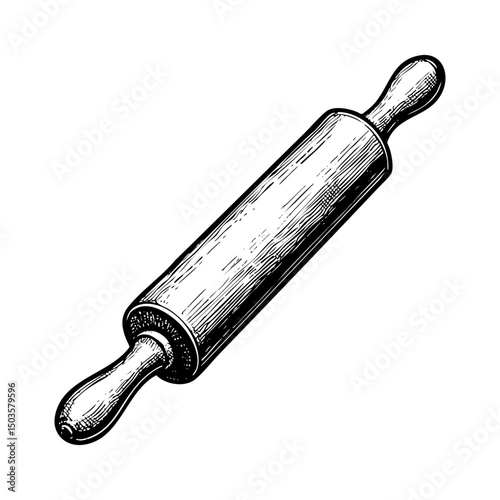 Rolling pin sketch engraving black and white outline. Scratch board imitation.