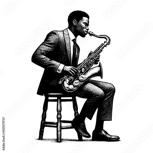African man in suit playing saxophone sketch engraving black and white outline. Scratch board imitation.  illustrated in vintage line art style on a white background.