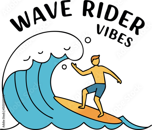 Surfer Riding Large Blue Wave on Orange Surfboard with Wave Rider Vibes Text Design 