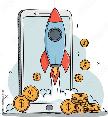 Rocket launching from mobile phone with flying gold coins and stacked money vector illustration 