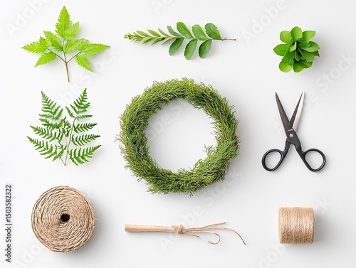 Christmas Wreath Building Flatlay with Greens and Natural Materials