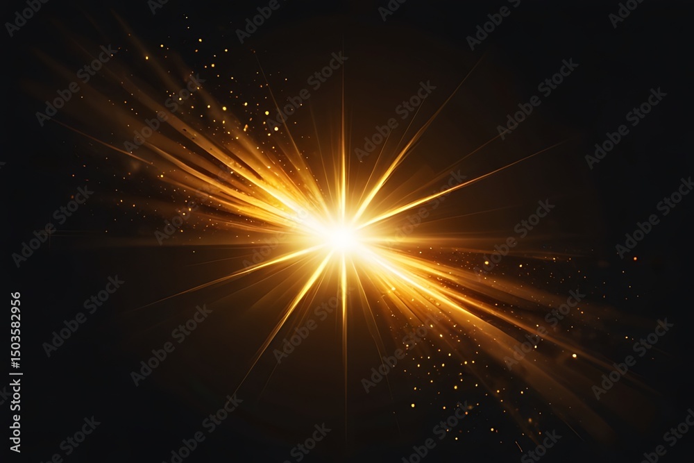 Naklejka premium Golden light rays burst with sparkles on black background