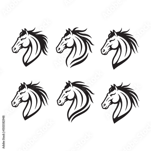 Vector black and white silhouette illustration of running wild mustang horses, a majestic symbol of farm nature and equestrian art