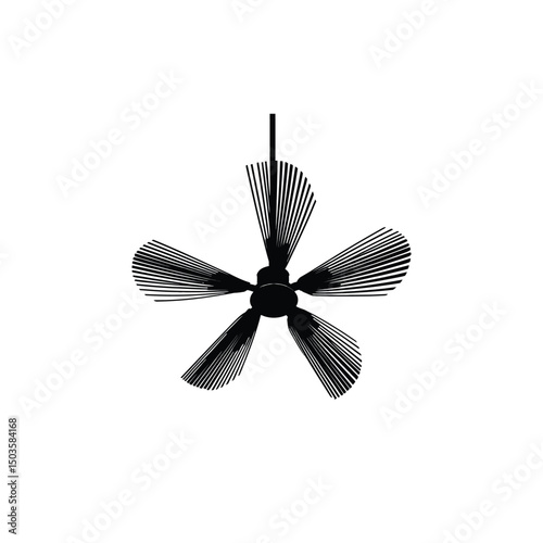 Minimalist Ceiling Fan Silhouette with Four Blades and Suspended Rod, Representing Airflow, Cooling, and Home Appliance, Vector Art