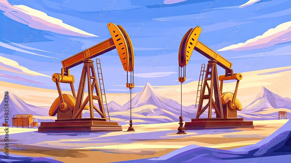 Fototapeta premium Oil pump jacks in a desert landscape.