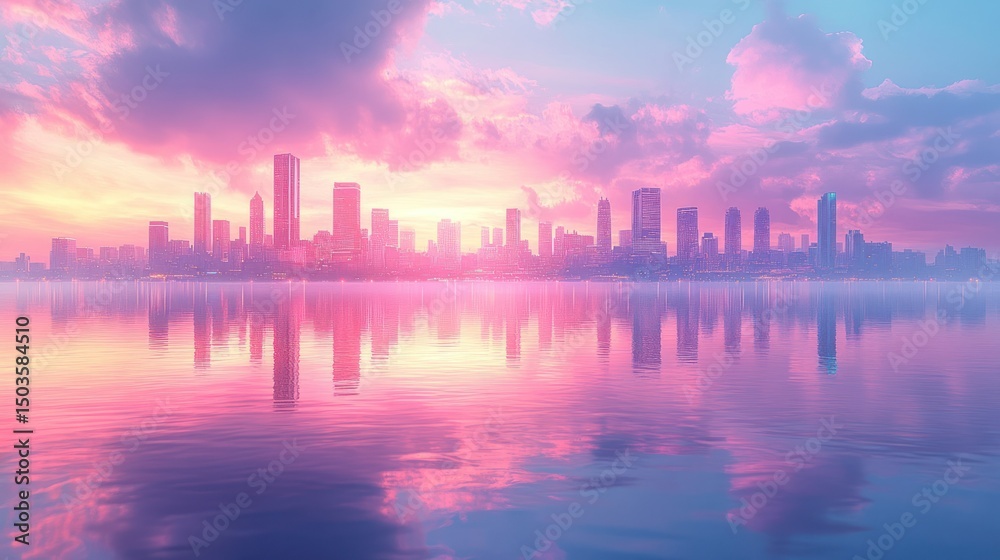 Fototapeta premium Pink Sunset Cityscape Reflection in Calm Waters