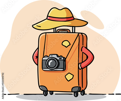 Orange suitcase with camera and summer hat travel illustration vector design 