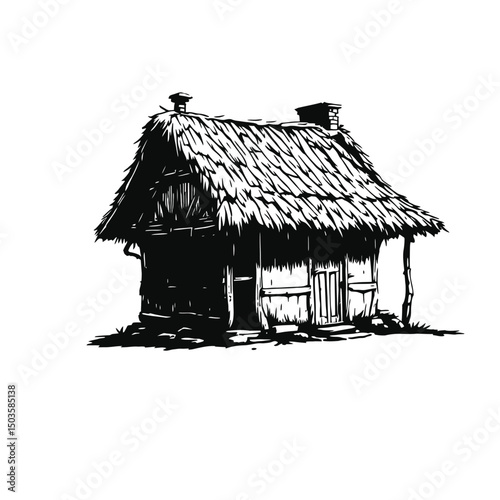 Rustic Wooden House with Thatched Roof and Chimney, Representing Traditional Countryside Living and Cozy Architecture, Vector Art
