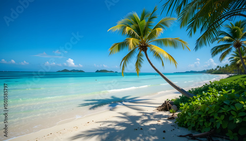 A lone palm tree leans toward the crystal-clear turquoise waters of varadero, cuba, under a bright blue sky