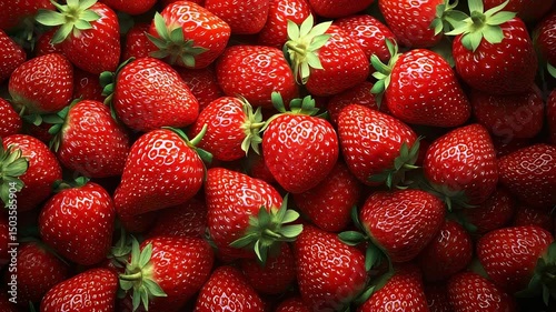 Vibrant close-up of a dense array of ripe, red strawberries with fresh green calyxes