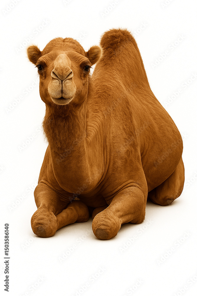 Fototapeta premium Dromedary camel lying down isolated on white background