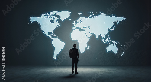 Man with backpack standing in front of illuminated world map  