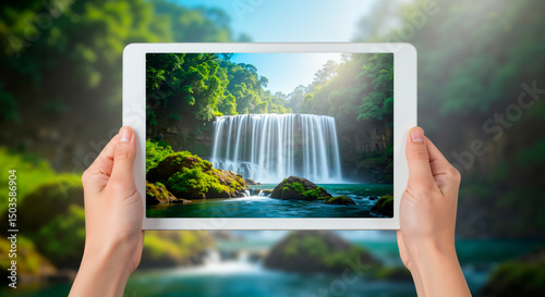 Hands holding tablet displaying waterfall in nature setting  
