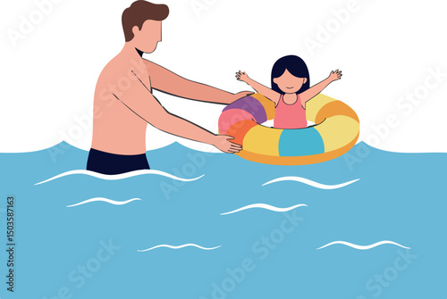 Father and daughter playing in water with colorful inflatable ring summer activity vector 