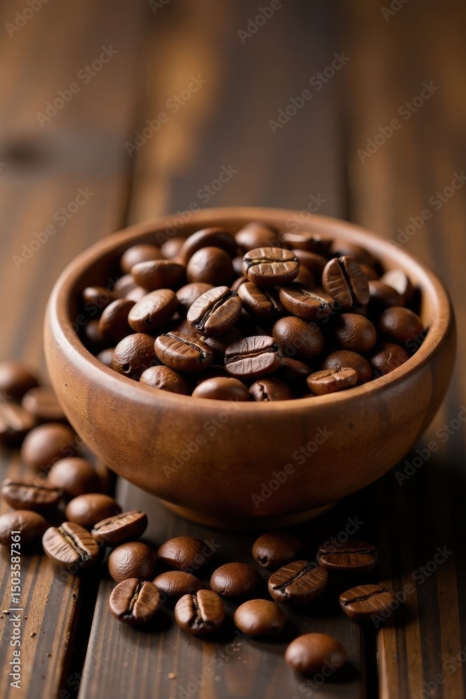Fototapeta premium Wooden bowl brimming with aromatic coffee beans , food, wooden