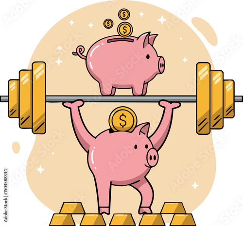 Piggy bank lifting gold barbell with gold coins and gold bars financial strength concept vector illustration 
