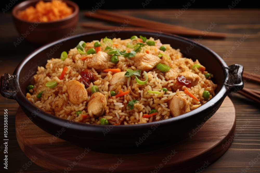Chicken fried rice cooked and presented in a wooden setting viewed from the front Chicken fried rice cooked and presented in a wooden setting viewed from the front