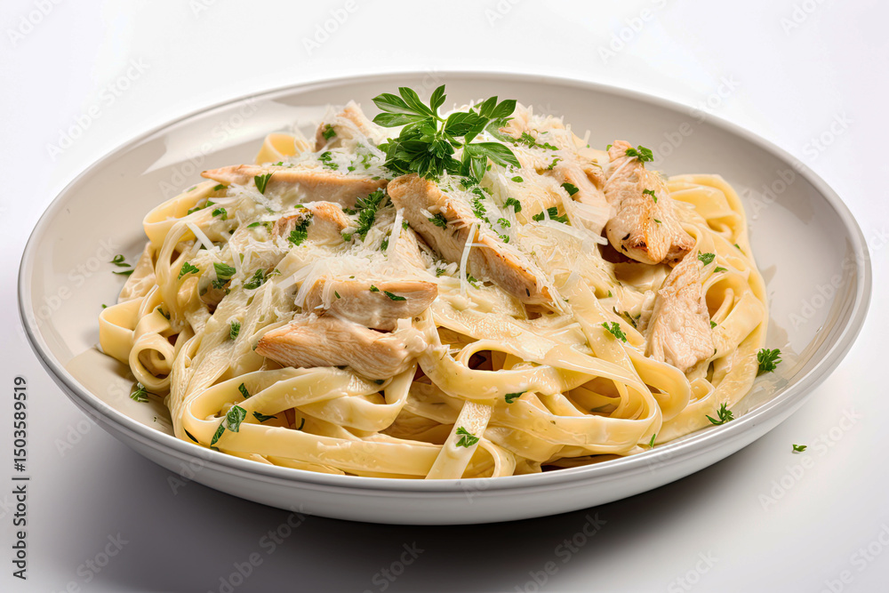 Close up of fettuccine alfredo pasta with chicken parmesan and parsley on white background Italian food Close up of fettuccine alfredo pasta with chicken parmesan and parsley on white background Italian food