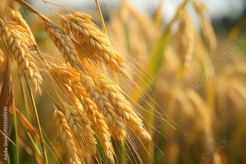 Close up of golden rice field with paddy