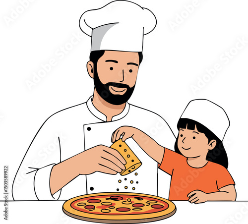 Chef and child making pizza together cooking activity with cheese topping vector illustration 