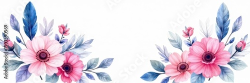 Delicate pink & blue watercolor flowers, feathers Vintage style bouquet , vintage floral, pink flower