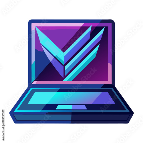 
A futuristic laptop with a glowing, abstract V-shaped logo on its screen, rendered in vibrant shades of blue, purple, and teal.