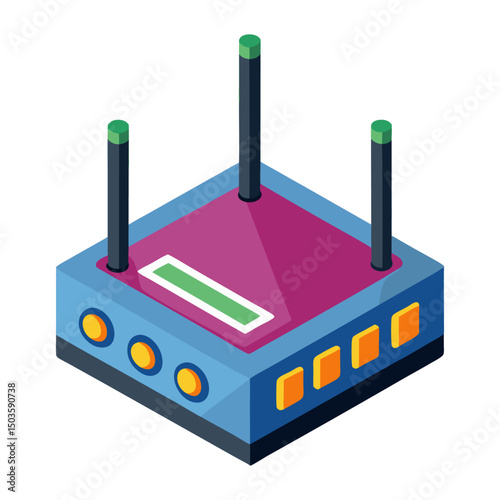 A vibrant, isometric illustration of a wireless router with three antennas, featuring a blue base, purple top, and orange indicator lights.
