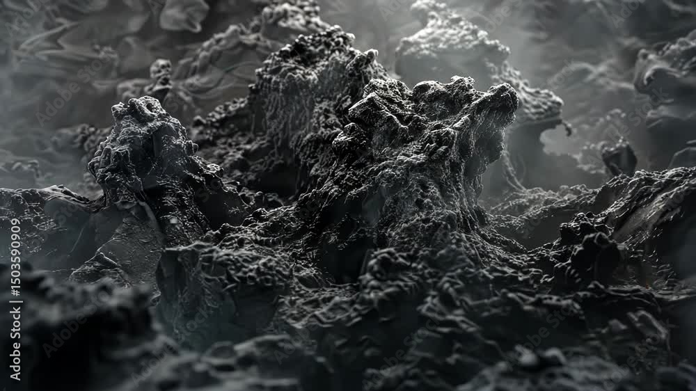 Dark, textured, volcanic landscape of ash and smoke