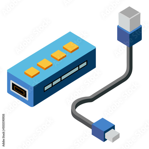 An isometric illustration of a blue USB hub with multiple ports and a connected USB cable, symbolizing connectivity, data transfer, and peripheral expansion.