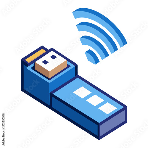 An isometric illustration of a blue USB dongle or flash drive with wireless signal waves emanating from it, symbolizing wireless connectivity, data transfer, or network access.