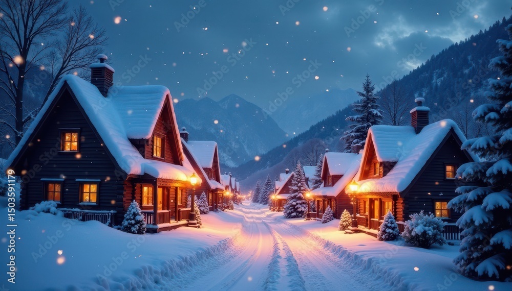 Fototapeta premium Charming snow covered town, Christmas eve, glowing windows, idyllic, glowing, eve