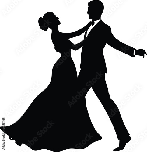 Elegant Couple Dancing Silhouette in Formal Attire – Romantic Black and White Vector
